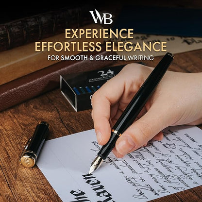 Wordsworth & Black Fountain Pen Set, 18K Gilded Broad Nib, Includes 24 Pack Ink Cartridges, Ink Refill Converter & Gift Box, Gold Finish, Calligraphy, [Black Gold], Perfect for Men & Women