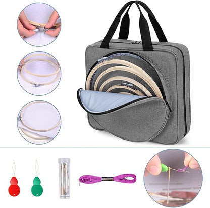 LoDrid Embroidery Kit, Embroidery Project Bag with Embroidery Kit, Portable Craft Carry Case with Starter Kit, Embroidery Supplies Storage Bag and Cross Stitch Kits for Beginners, Adults, Gray