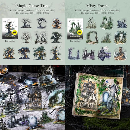 60 Pieces Aesthetic Gothic Dark Landscape Creation PET Sticker Set, 6 Pack Vintage Large Size PET Stickers for Scrapbooking, Journaling, Waterproof DIY Crafts, and Junk Journal