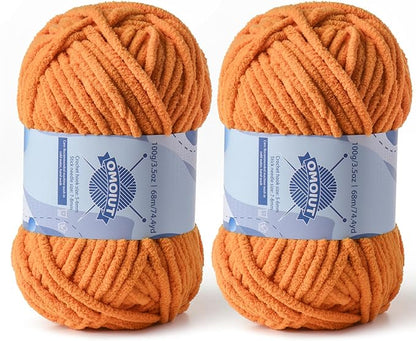 Chunky Chenille Yarn for Crocheting，Baby Yarn for Crocheting Soft Blankets，Bulky Yarns for Crochet Amigurumi，2×100g (2×74.3yds) Fluffy Velvet Yarns for Hand Knitting (2 Ginger Color)