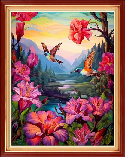 Dimensean Stamped Cross Stitch Kits Full Range of Embroidery Patterns Starter Kits for Beginners Adult DIY Cross Stitches Needlepoint Kits 11CT-Hummingbird Flowers 16x20 inch