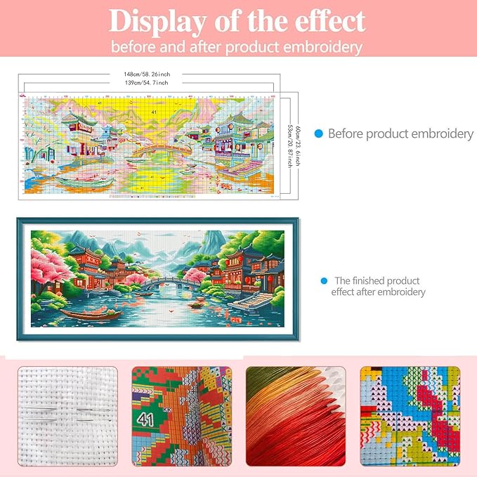 Zhenqing Oriental River Landscape Cross Stitch Kit – 11CT 148x60cm Large Aida Cloth, Cherry Blossom & Ancient Town Design – Chinese Jiangnan Scenery Wall Art(67758)