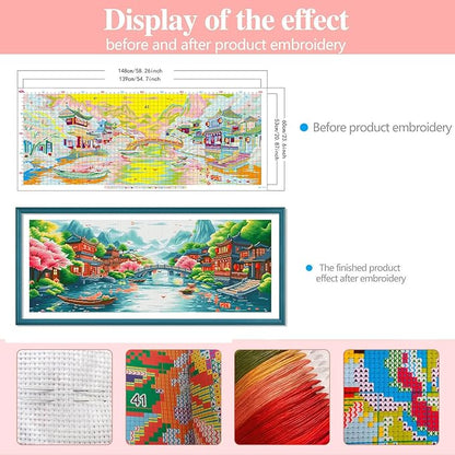 Zhenqing Oriental River Landscape Cross Stitch Kit – 11CT 148x60cm Large Aida Cloth, Cherry Blossom & Ancient Town Design – Chinese Jiangnan Scenery Wall Art(67758)