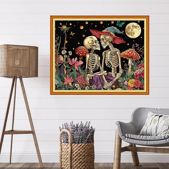 Artvxeay Stamped Cross Stitch Kits | Embroidery Kits for Beginners Craft Kit Needlepoint for Adults Supplies DIY 11CT- (Skeleton Couple Moon 16x20 inch)