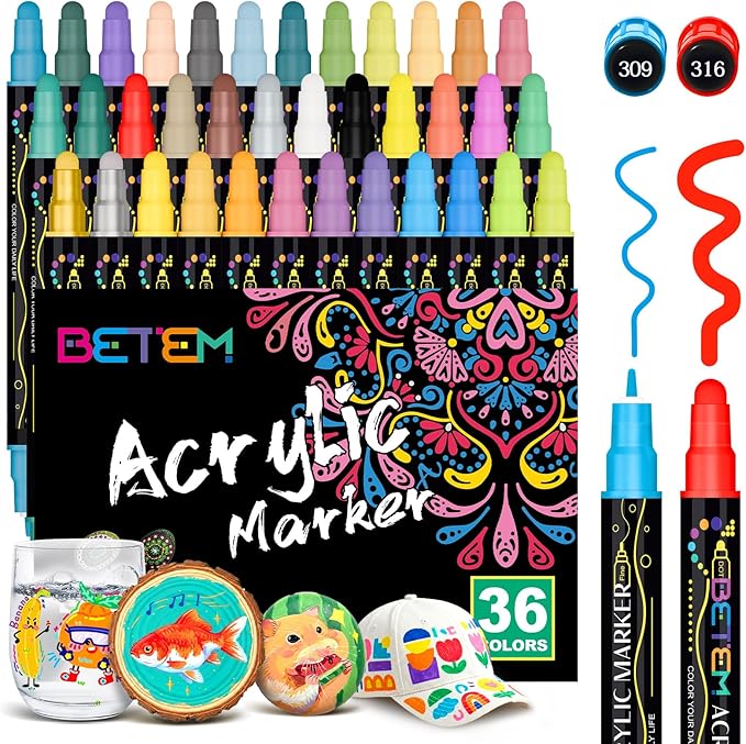 Betem 36 Colors Dual Tip Acrylic Paint Pens Markers, Premium Acrylic Paint Markers Stocking Stuffers for Rock, Wood, Fabric, Glass, Canvas, Ceramic, Christmas Gifts for Teens DIY Crafts Art Supplies