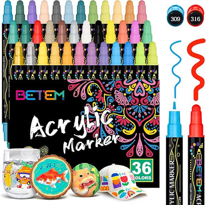 Betem 36 Colors Dual Tip Acrylic Paint Pens Markers, Premium Acrylic Paint Markers Stocking Stuffers for Rock, Wood, Fabric, Glass, Canvas, Ceramic, Christmas Gifts for Teens DIY Crafts Art Supplies