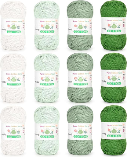 Katech 1OO% Cotton Yarn for Crocheting & Knitting–12-Color of 137 Yards/1.76 oz Baby Cotton Yarn Sport Weight CYC #2-Soft & Breathable-Ideal for Dishcloths, Baby Clothes, Potholders(G)