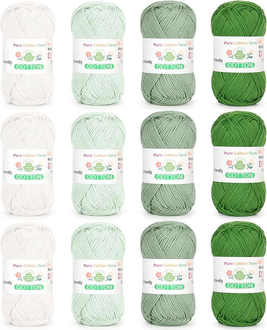 Katech 1OO% Cotton Yarn for Crocheting & Knitting–12-Color of 137 Yards/1.76 oz Baby Cotton Yarn Sport Weight CYC #2-Soft & Breathable-Ideal for Dishcloths, Baby Clothes, Potholders(G)