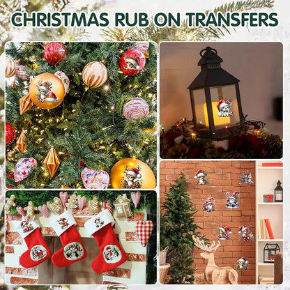 24 Sheets Vintage Christmas Rub On Transfers for Crafts, Rub On Transfers Christmas for Wood，Furniture Decals, Glass, Porcelain, Leather, Canvas, Fabric Projects,3 * 3inch(Gnome Reindeer)