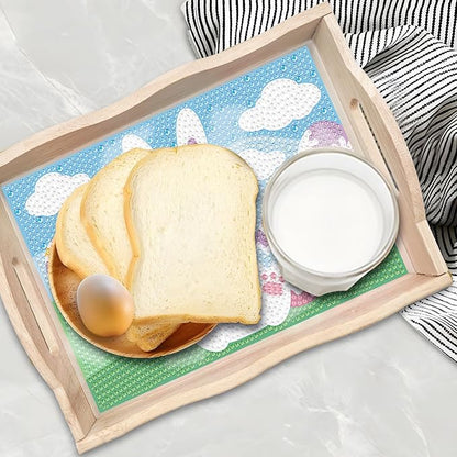 FGbaby DIY 5D Easter Bunny Diamond Painting Wood Serving Tray with Handles Diamond Art Decorative Serving Trays Wooden Tray for Breakfast in Bed, Patio, BBQ, Coffee Table, Party –Great for Lap & Couch
