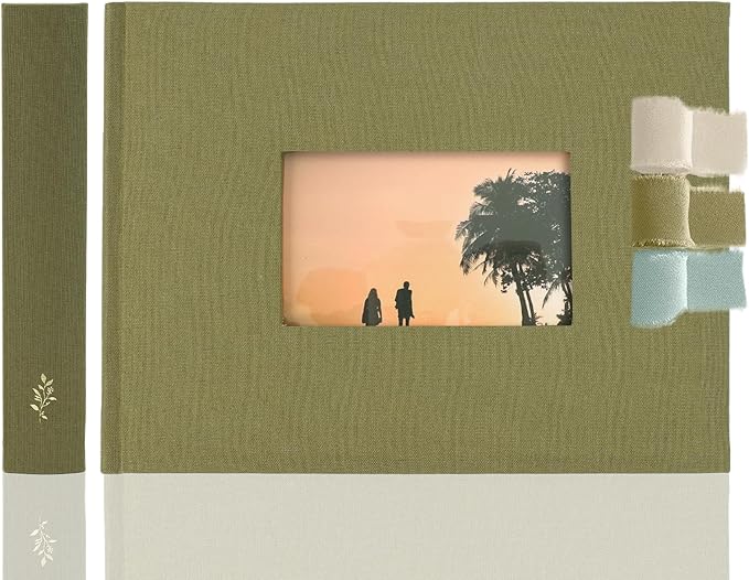 Premium Scrapbook Album with Window and Writing Space – 60 Pages holds 200 Photos of Different Sizes – Wedding, Baby, Travel & Family Memories – 11.4" x 8.6" - Olive
