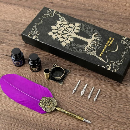 TIANREN Quill pen ink set,Feather Pen and Ink Set,Antique Calligraphy Pen with 4 Replaceable Nibs,2 Bottle of ink,Feather Dip Pen Holder Christmas Gift for Men&Women.(Purple)