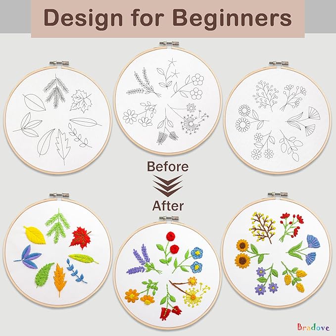 Bradove 3 Sets Leaves and Flowers Embroidery Kit for Beginners, Beginner Embroidery Kit for Adults, Learn to Embroider Kit Adult Beginner, Stitches Kit