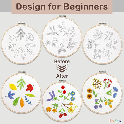 Bradove 3 Sets Leaves and Flowers Embroidery Kit for Beginners, Beginner Embroidery Kit for Adults, Learn to Embroider Kit Adult Beginner, Stitches Kit
