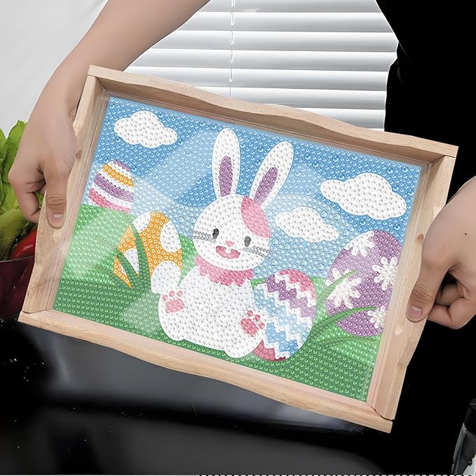 DIY Art Painting Wooden Tray Kit With Handle, Diamond Painted Table Decoration for Breakfast, Bar Dinner Table, Diamond Dots Gem Painting Art Set for Beginners (#33-Easter Bunny)