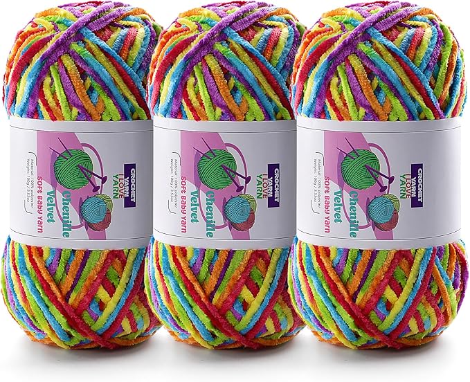 3 Skeins Soft Fluffy Velvet Yarn, Chenille Chunky Yarn for Hand Knitting and Crocheting DIY Craft, Amigurumi Crochet Yarns（3×196.8yds, 3×3.5oz） (Rainbow Color)