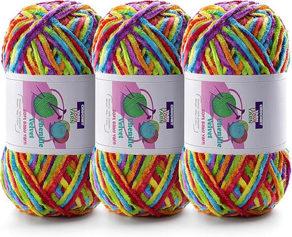 3 Skeins Soft Fluffy Velvet Yarn, Chenille Chunky Yarn for Hand Knitting and Crocheting DIY Craft, Amigurumi Crochet Yarns（3×196.8yds, 3×3.5oz） (Rainbow Color)