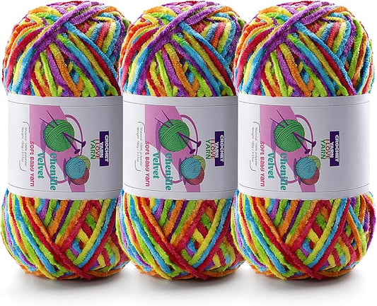 3 Skeins Soft Fluffy Velvet Yarn, Chenille Chunky Yarn for Hand Knitting and Crocheting DIY Craft, Amigurumi Crochet Yarns（3×196.8yds, 3×3.5oz） (Rainbow Color)