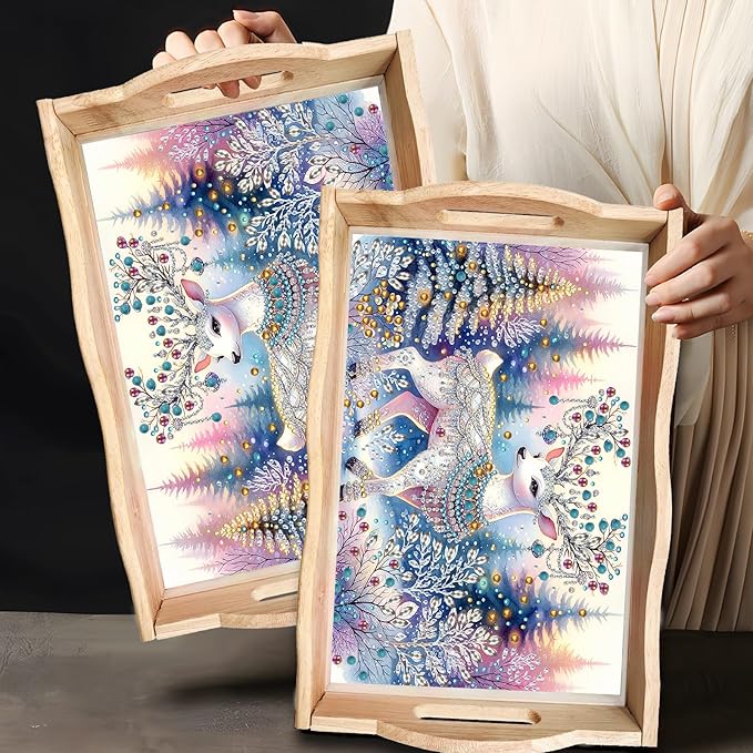 DIY Diamond Art Painting Wooden Tray Kit With Handle, Food Tray for Breakfast, Bar Dinner Table Decoration, Diamond Dots Gem Painting Art Set for Beginners - Christmas Elk
