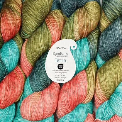KnitPro Symfonie Hand Dyed Yarn | Extra Fine Merino Wool & Polyamide Blend for Knitting & Crocheting, Fingering Weight, Oeko-TEX Certified 400m, 100g Skein | Terra Variegated Spring Blush
