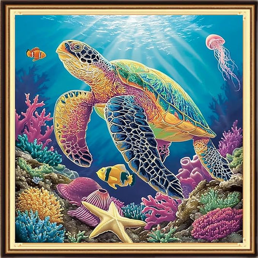 DMCVIVR Stamped Cross Stitch Kits for Adults Beginners Embroidery Kits 11CT Needlepoint Kits Cross Stitch Patterns Embroidery Patterns-Turtle Coral 18x18 inch