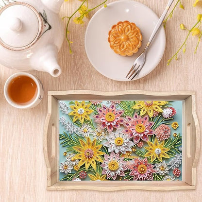 DIY Diamond Art Wooden Tray Kit, Food Tray with Handle Diamond Painted Table Decoration Tray, for Breakfast, Bar Dinner Table Diamond Dots Gem Painting Art Set for Beginners-#38-Flower