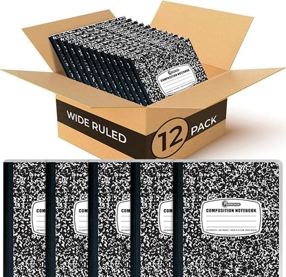 Rosmonde 12 Pack Composition Notebook Wide Ruled Bulk, 200 Pages (100 Sheets), 9-3/4 x 7-1/2", Hard Cover Wide Ruled Notebook Bulk, Black Marble Composition Notebooks, Bulk School Notebooks