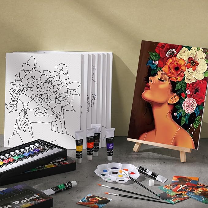 Cholemy 36 Pcs Valentine Paint and Sip Kit for Adults 8''x10'' Pre Drawn Canvas for Painting DIY Afro Acrylic Painting Kit Wood Easel Brushes Date Night Bulk for Party Gifts(Flower Lady)