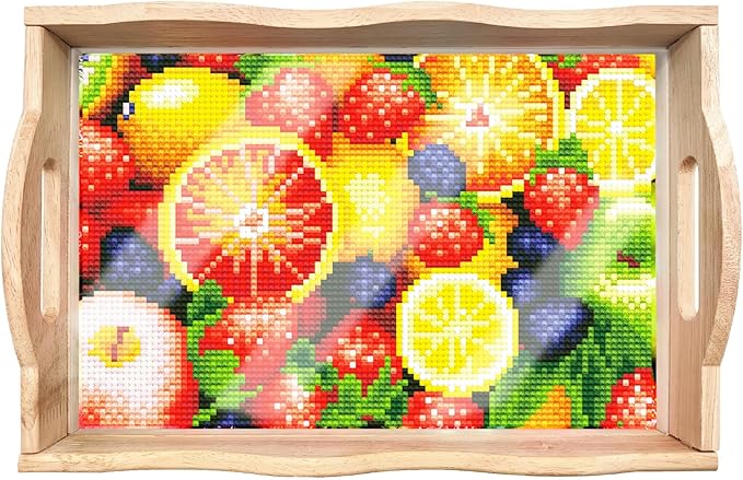 DIY Art Painting Wooden Tray Kit, Food Tray with Handle Diamond Painted Table Decoration Tray, for Breakfast, Bar Dinner Table Diamond Dots Gem Painting Art Set for Beginners (#16-Fruit)