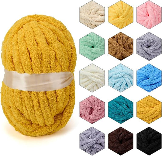 ERLYEEN Chenille Chunky Yarn Super Bulky Soft Thick Fluffy Jumbo Giant Washable Polyester Big Yarn DIY for Arm Knit Blanket Cushion Bed Sofa Home Decor,Turmeric,1.1LB