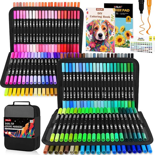 IVSUN Dual Brush Marker Pens,168 Colors Art Markers Set with Fine & Brush Tip for Adult Coloring Book, Bullet Journaling, Drawing, Note Taking, Planner, Hand Lettering, Calligraphy, Art Supplies Kit