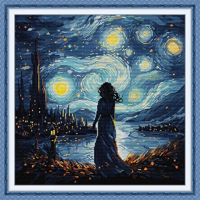 Qeerysew Cross Stitch Kits Stamped Full Range of Embroidery Starter Kits for Beginners DIY - Printed Kit Look at The Stars (Printed) 14CT 18.5X18.5 inches