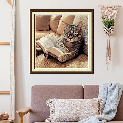 Joycasa Stamped Cross Stitch Kits for Beginners Full Range of Cross Stitching 11 CT Printed Cross Stitch Kit for Adults Cross-Stitch Patterns Needlepoint Kits- The cat Reading on The Sofa 18x18 inch