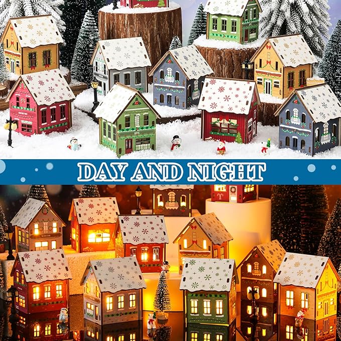 29 Pcs DIY Christmas Village Sets 12 Pcs Wood Village Houses Xmas Scene Figurines Decoration Mini Tree Desktop Ornament for Indoor Room Landscape Xmas Holiday Party Decor (Winter Style)