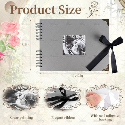 Scrapbook, 8x12 inch Wedding Scrapbook, Black DTY Guest Scrapbook Album with Pearl Stickers, Meta1 Letters and Bows, Blank Scrapbook