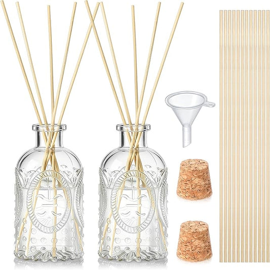 LemonRoad 2 Set Glass Reed Diffusers Bottles, Vintage Design Embossed Fleur Clear Diffuser Bottles with 50 Reeds Sticks, Cork Lids, Funnel, 200 ml 6.7 oz Empty Flower Bud Vases for DIY Fragrance