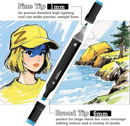 Cautyfky 120 Colors Dual Tip Alcohol Markers, Dual Tips Art Markers, Permanent Sketch Marker Set for Adults Coloring, Painting, Sketching, Illustrations