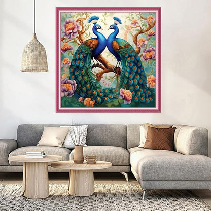 DMCVIVR Stamped Cross Stitch Kits for Beginners Adults Needlepoint Kits for Beginners Embroidery Kits for Adults Crossstitch Kit for Beginners 11CT-Peacock Couple 18x18 inch