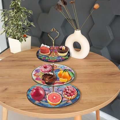 Three-Tier Diamond Painting Wooden Cake Stand DIY Sunflower Diamond Painting Cupcake Towel-Lined Tiered Tray Reusable Pastry Stand (Datura Flower)