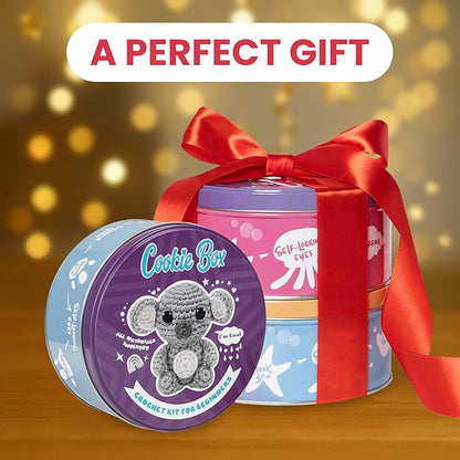 Cookie Box Crochet Kit for Beginners – Gift Set to Make Koala Coal Amigurumi Plushie – Easy DIY Crochet & Knitting Starter Kit with Video and PDF Tutorials