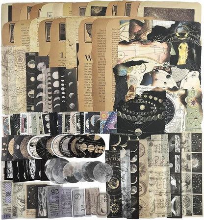 Vintage Aesthetic Scrapbook Supplies Kit with Scrapbook Paper, Stickers for Scrapbooking, DIY Albums, Junk Journals, Bullet Journals, Celestial Universe Planets Space Collage Decor (Dark4 125 Pcs)
