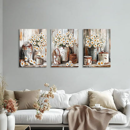 WENGTIAO 3Pcs Rustic Daisy Canvas Wall Art Fall Flower Prints Posters Vintage Country Flora Paintings Pictures Nature Botanical Artwork for Bedroom Living Room Bathroom 16x24x3