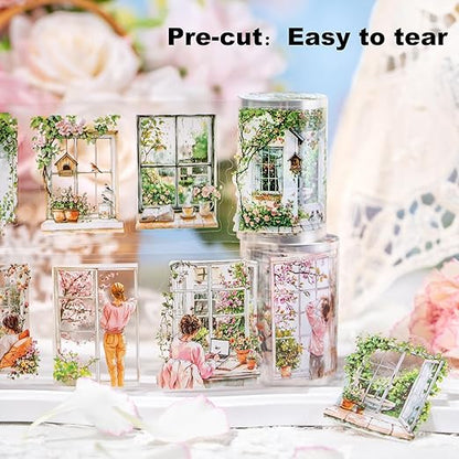 AuriicLeaf Spring PET Tape Set, 6 Rolls Pre-Cut Aesthetic Stickers for Scrapbooking, Journaling, DIY Crafts, and Collage Art