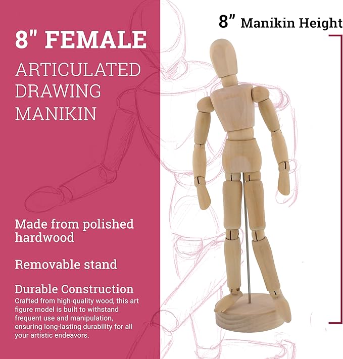 US Art Supply® Wood 8" Female - Artist Drawing Manikin Articulated Mannequin with Base and Flexible Body - Perfect for Drawing The Human Figure (8" Female)
