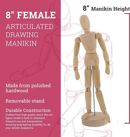 US Art Supply® Wood 8" Female - Artist Drawing Manikin Articulated Mannequin with Base and Flexible Body - Perfect for Drawing The Human Figure (8" Female)