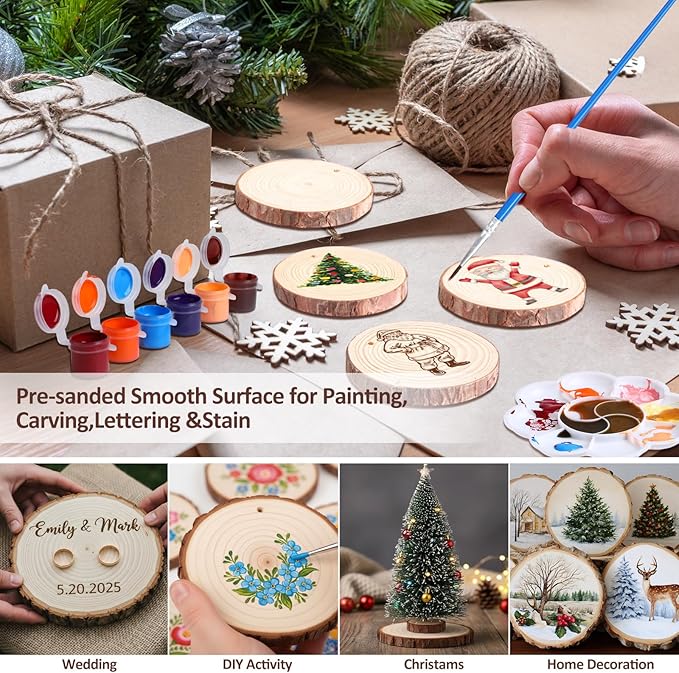 Kathfly 20 Pcs Unfinished Wood Slices with Hole for Centerpieces 5.1-5.5 Inch Natural Wood Craft Kits Round Wooden Discs with Paints Brush Palette for DIY Craft Christmas Ornament Wedding Home Decor