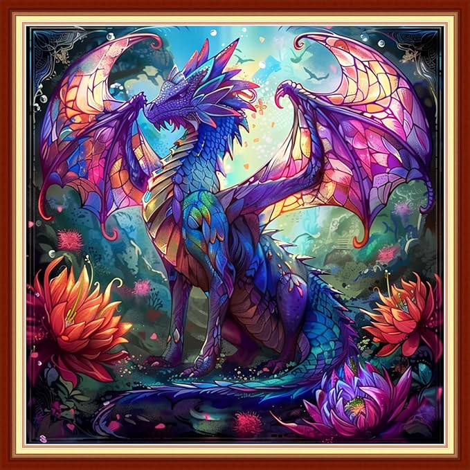 Funchey Stamped Cross Stitch Kits, DIY Cross Stitch Pattern for Adults Beginners Needlepoint Kits Embroidery Kit Arts and Crafts 11CT-Colorful Dragon 18x18 inchs