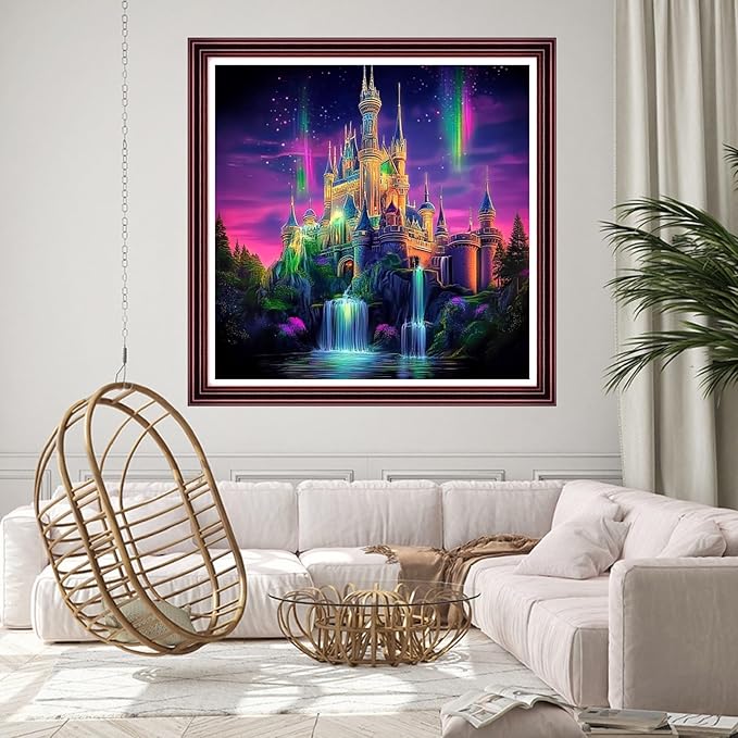 DMCCRAFT Stamped Cross Stitch Kits for Adults 11CT Printed Cross-Stitch Patterns Embroidery Kits Easy Cross Stitching Needlepoint Kits Crossstitch-Aurora Colorful Castle 18x18 inch
