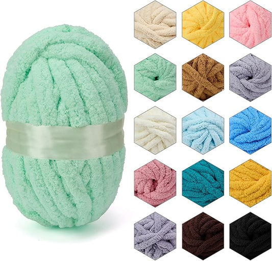 ERLYEEN Chenille Chunky Yarn Super Bulky Soft Thick Fluffy Jumbo Giant Washable Polyester Big Yarn DIY for Arm Knit Blanket Cushion Bed Sofa Home Decor,Mint Green,0.55LB