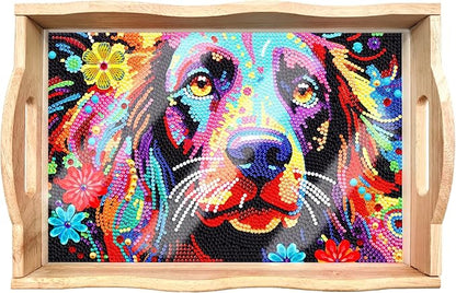 FGbaby DIY 5D Colorful Dog Diamond Painting Wood Serving Tray with Handles Diamond Art Decorative Serving Trays Wooden Tray for Breakfast in Bed, Patio, BBQ, Coffee Table, Party –Great for Lap & Couch